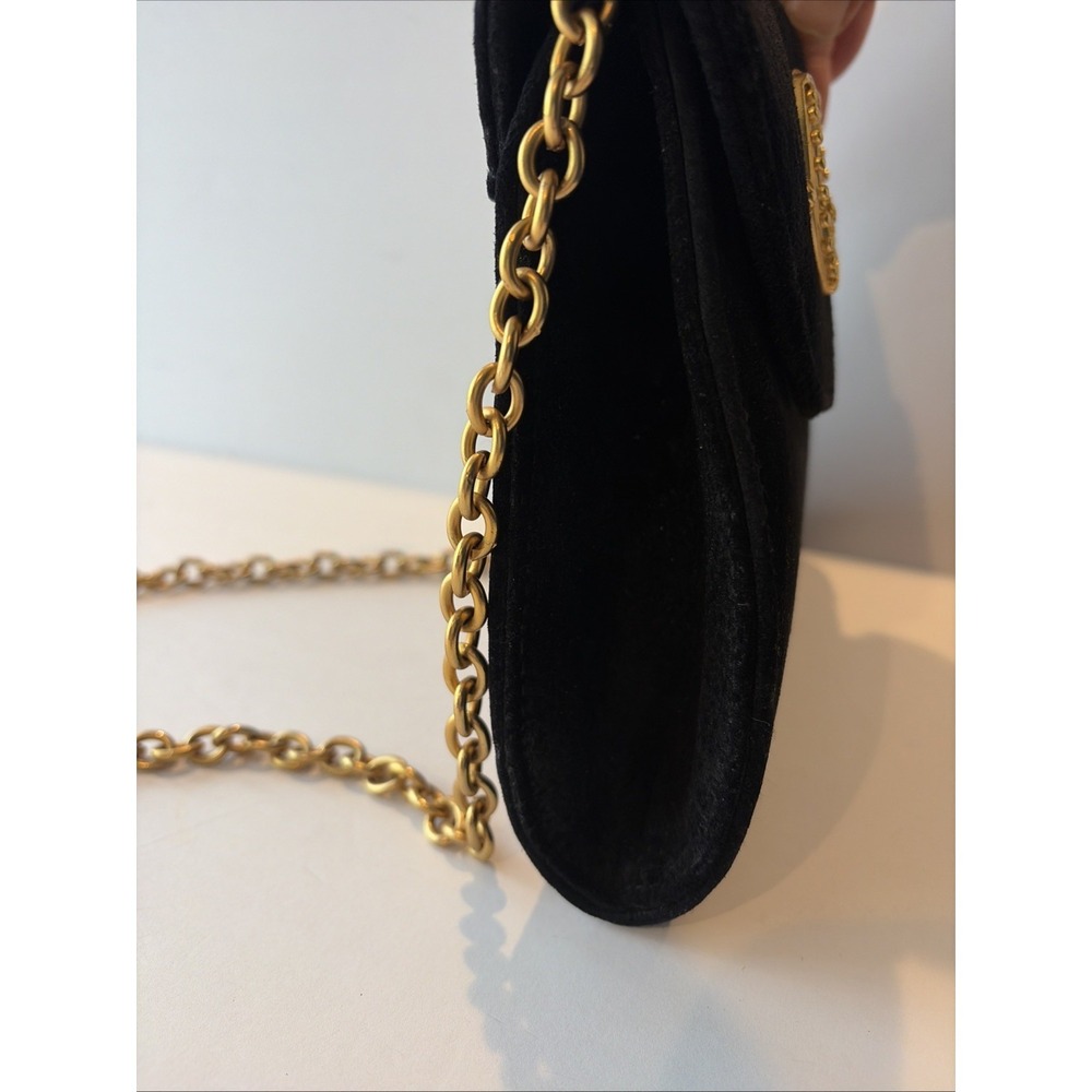Casual Corner Black Suede Handbag Gold Medallion & Chain Essentials Elegant Bag - Picture 14 of 15